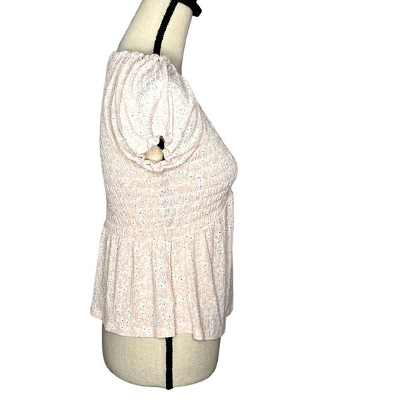 Evolutionary Pink Scoop Neck Short Puff Sleeve Smocked Bodice Babydoll Top Sz S - Picture 2 of 7